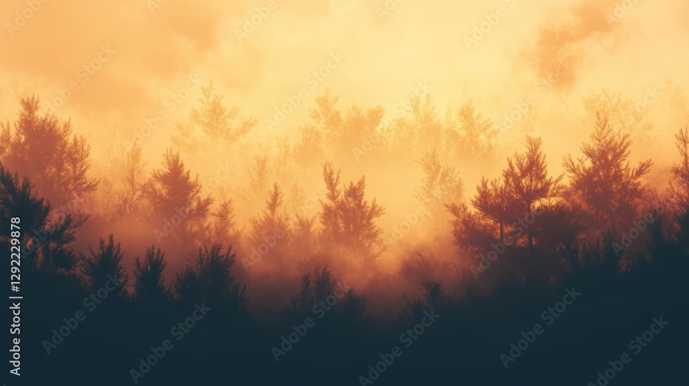 Fototapete forest engulfed in flames and smoke during the wildfire at sunset in warm tones with space for addit