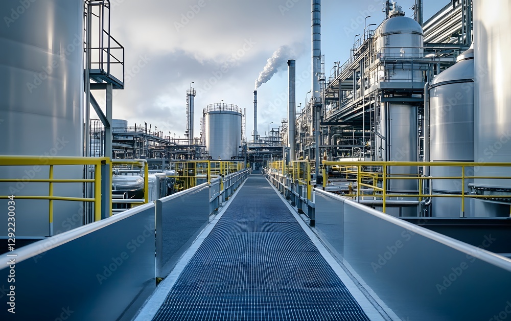Aufkleber a modern industrial facility showcasing large storage tanks and pipelines under a cloudy sky, emphas