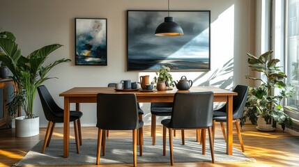Fototapeta premium Modern dining room with wooden table, black chairs, and indoor plants in natural light