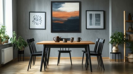 Modern dining room with minimalist decor and abstract art on display