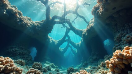 Fototapeta premium Underwater coral arches resembling trees affected by bleaching and climate change 