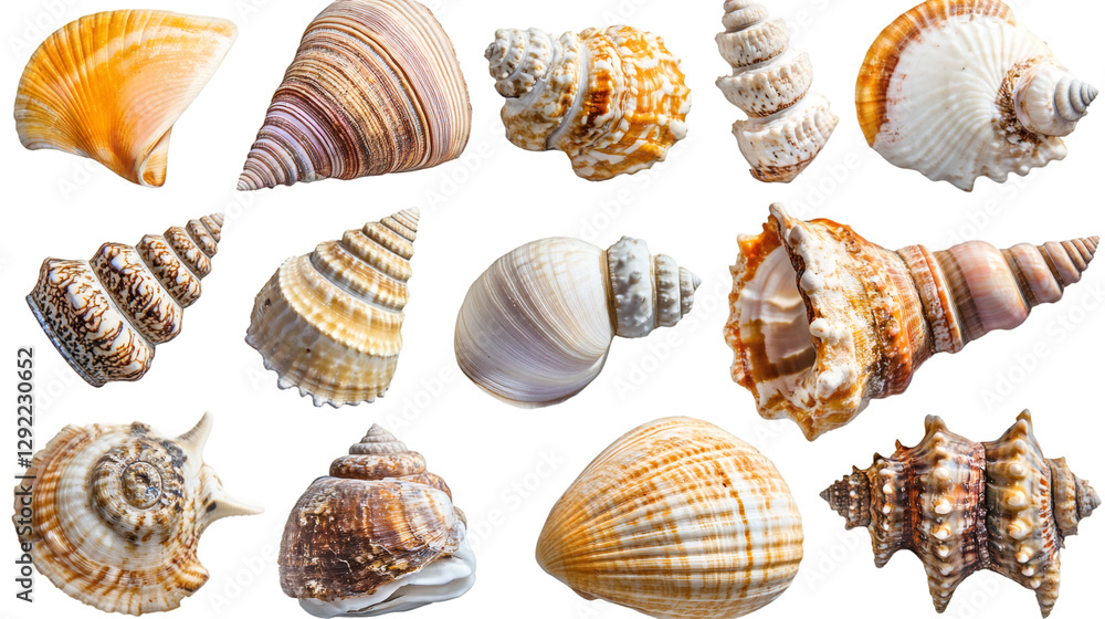 Poster set of different seashells isolated on transparent background, perfect for marine or coastal project