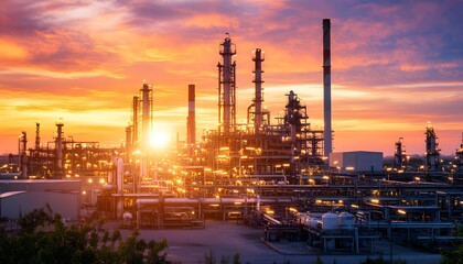 Fototapeta premium A stunning sunset over an industrial landscape featuring large oil and gas refineries, showcasing glowing lights and towering structures against an orange sky, symbolizing energy.
