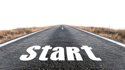 Starting on an asphalt road with a transparent background, symbolizing a journey toward new beginnings and endless opportunities for growth