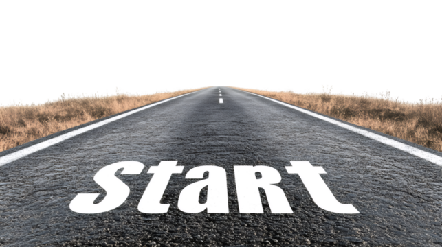 Starting on an asphalt road with a transparent background, symbolizing a journey toward new beginnings and endless opportunities for growth
