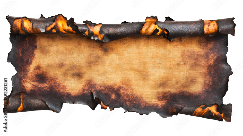 Poster Old paper scroll burning with flames on transparent background, ideal for graphic projects related to history, adventure, or fantasy themes