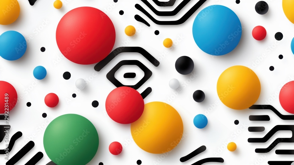Wall mural colorful abstract shapes with various-sized spheres and geometric patterns create a vibrant, playful