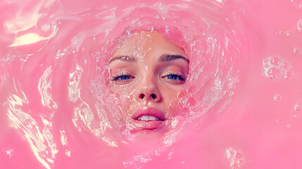 Fototapeta premium le visage d'une femme qui sort à peine de l'eau rose