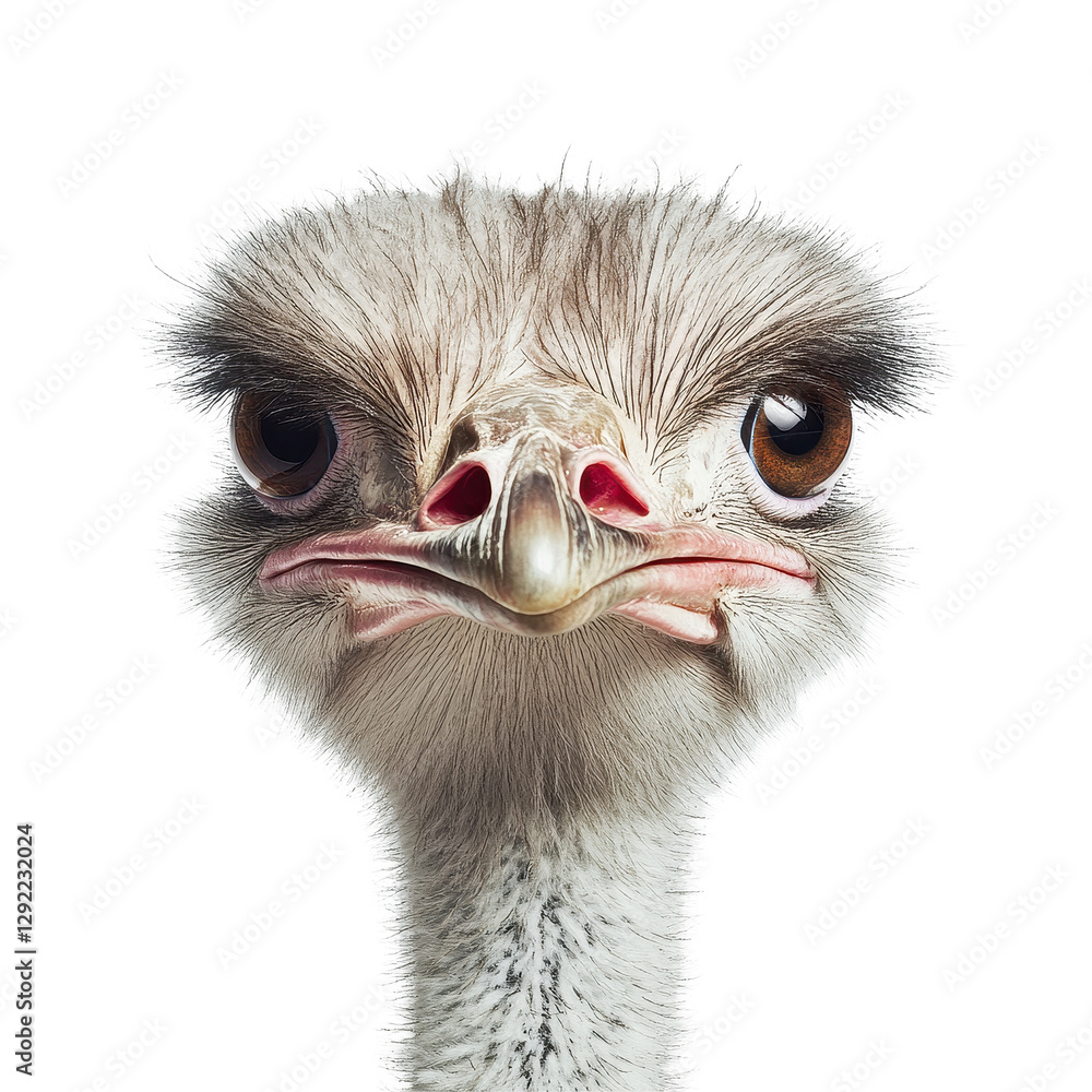 Poster close up view of an ostrich face against a transparent background highlighting unique features, ostr