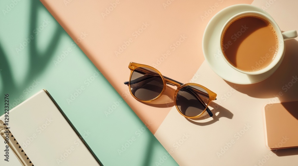 Poster Sunlit workspace with sunglasses, coffee, and a notebook on a pastel background in a cozy indoor setting. Generative AI