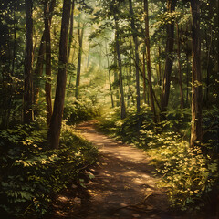 Sunlit Forest Path: A Serene Exploration Through Verdant Woods