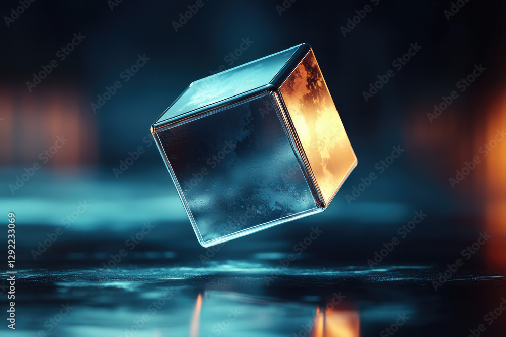 Poster a translucent cube, seemingly made of glass or ice, floats above a reflective surface, illuminated b