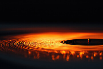 Fototapeta premium A spinning vinyl record illuminated with warm, orange light, creating a mesmerizing effect.