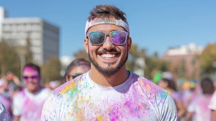 Happy man, color run, city park, smiling