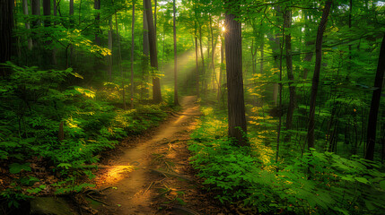 Obraz premium Sunlit Forest Path: A Serene Exploration Through Verdant Woods
