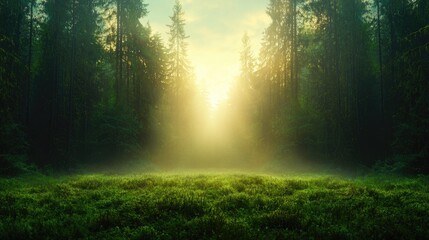 Misty Forest Sunlight Path; Tranquil morning light penetrates a dense forest. Possible use Nature wallpaper