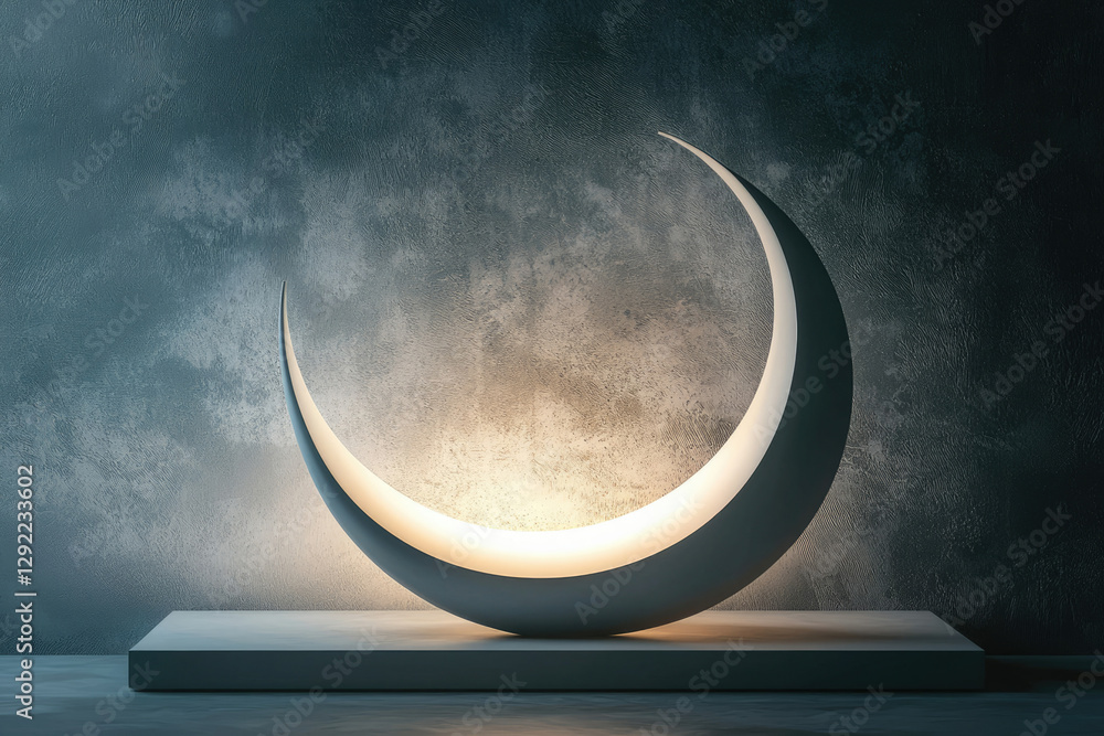 Poster crescent moon-shaped lamp illuminates a dark, textured background, creating a serene and mystical am