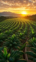 Palm trees growing at sunrise in a field, mountains in the distance, agricultural use