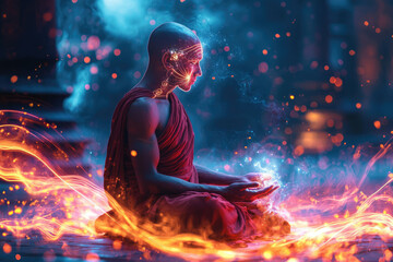A serene monk meditates amidst vibrant, fiery energy, showcasing inner peace and spiritual enlightenment.