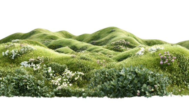 Verdant countryside rolling hills covered in lush grass, wildflowers blooming against transparent isolated backdrop