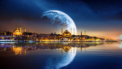 An illuminated mosque in Istanbul shines under a giant crescent moon, reflecting on the Bosphorus waters during the holy month of Ramadan and Happy Eid celebrations.