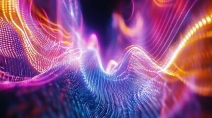 Fototapeta premium Colorful waves of light dance in a vibrant digital landscape at night