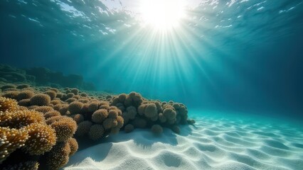 Sunlit coral reef underwater showing bleaching due to climate change	