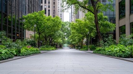 Urban oasis city street lined with trees, peaceful atmosphere, background skyscrapers, ideal for travel brochure