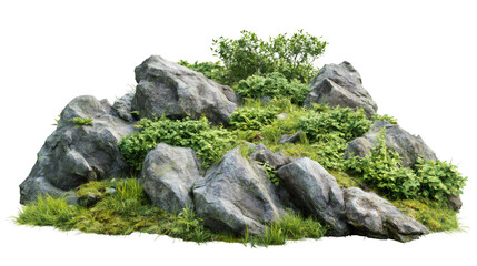Photorealistic 3D rendering of a pile of rocks covered by grass, bushes and moss with transparent background