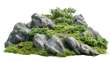Photorealistic 3D rendering of a pile of rocks covered by grass, bushes and moss with transparent background