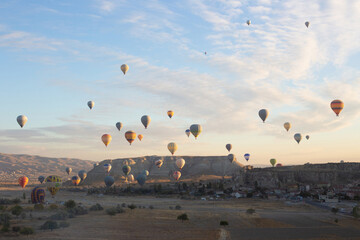 beautiful scenery flight of balloons in the mountains of Cappadocia in love valley