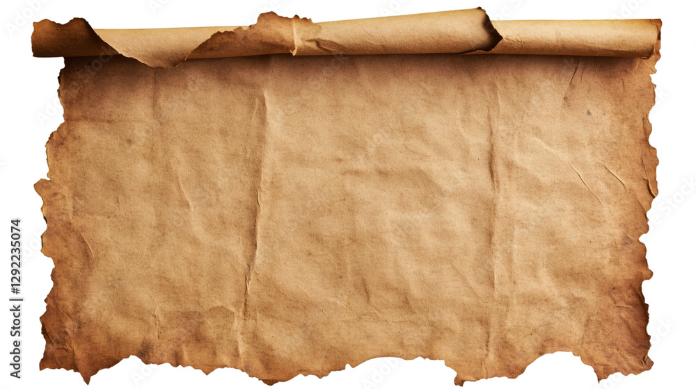 Poster Rolled up ancient blank scroll with burnt edges on transparent background, ideal for placing text or images
