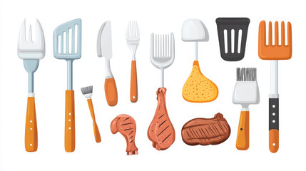 Bbq meat and tools cartoon collection. Vector illustration set of grill meal and supplies for cooking - chicken or turkey leg on bone, pork or beef steak and spatula, fork and brush for barbecue.