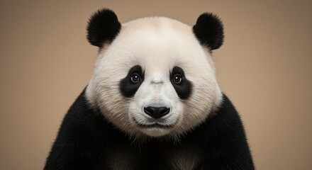 Panda bear portrait with expressive eyes and unique black and white fur, evoking a sense of curiosity and affection, against a soft neutral background
