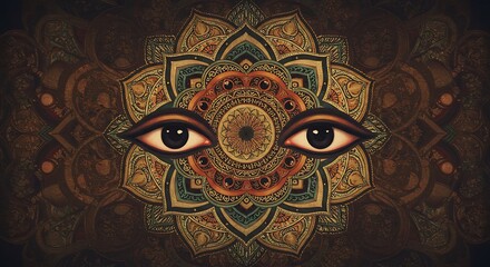 Naklejka premium Intricate mandala pattern with prominent human eyes in the center, set against a dark, textured background, concept for spirituality, meditation and inner peace