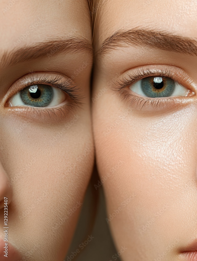 Poster Dual representation of aging and youth on a womans face illustrating smooth skin versus visible lines. Generative AI
