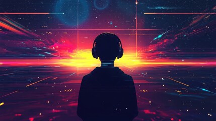 Watching the vibrant horizon in a digital dreamscape of endless possibilities