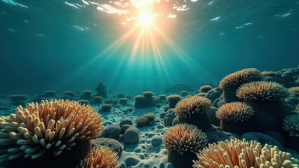 Obraz premium Split view of coral reef underwater with sunset sky showing bleaching effects 
