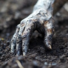 Muddied hand, soil, grave, death, horror film