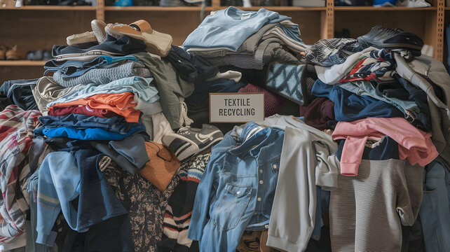 A photo of a pile of old used clothing and textiles. The clothes are a mix of colors and patterns, including jeans, t-shirts, dresses, and jackets. There are also textiles like towels and blankets. 
