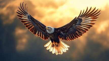 Fototapeta premium Majestic bald eagle in flight at sunset.