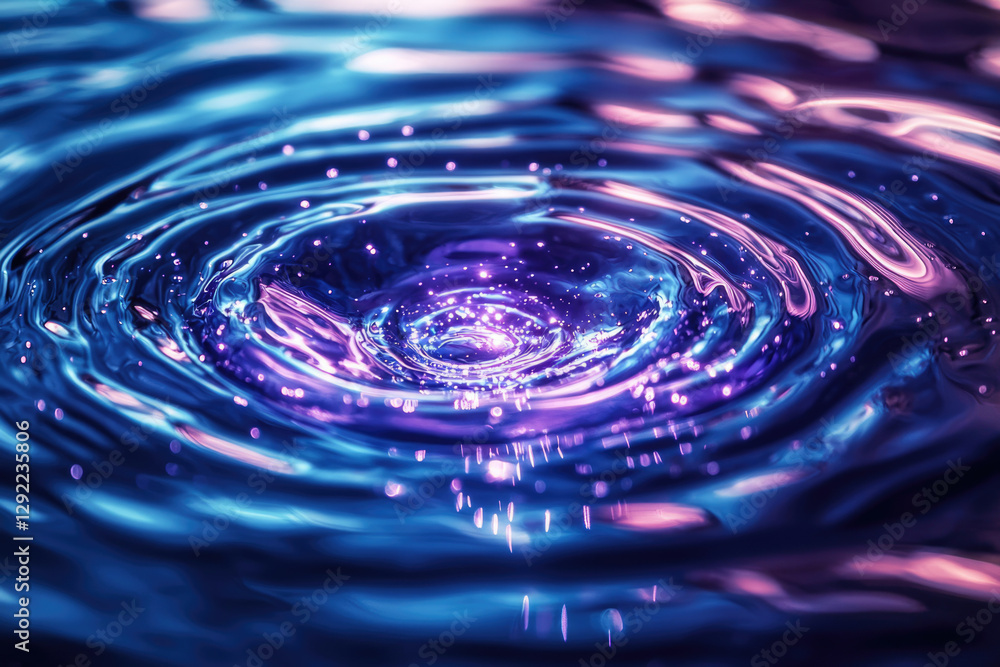 Poster vibrant blue and purple water ripples create mesmerizing concentric circles with sparkling light eff
