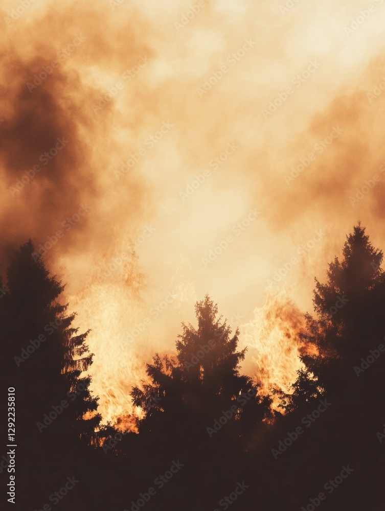 Poster intense forest fire engulfing trees with sweeping flames and thick smoke creating a dramatic atmosph