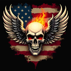 Fototapeta premium Biker vector t-shirt design with fire human skull, wings, flame on usa flag background. Fashionable print for fabric, paper, men clothing, hoodie, jacket. T shirt american template.