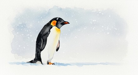 Obraz premium Majestic penguin standing in gentle snowfall, representing resilience and grace in a wintery landscape