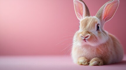 Obraz premium Photo of a little bunny, on a soft pink background Easter theme