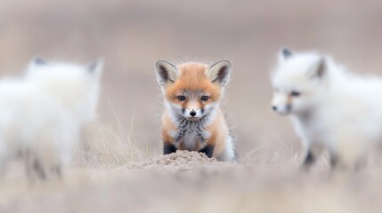 Obraz premium Red fox kit with siblings, outdoors, wildlife, nature