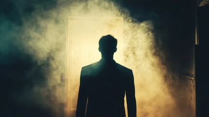 A moody, artistic image of a man silhouette in a dim room, with hazy light and dust particles floating in the air.