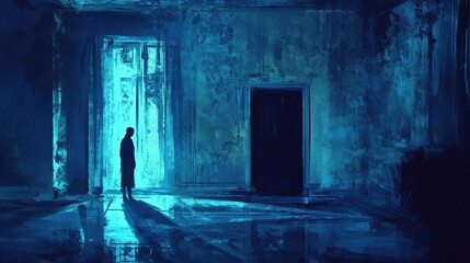 A mysterious, shadowy figure standing alone in a dimly lit room, with cool blue tones and moody lighting. --ar 16:9 --v 6.1 Job ID: 6a721c67-c247-470c-b719-002be6c716f8