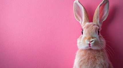 Obraz premium Photo of a little bunny, on a soft pink background Easter theme